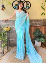 Soft Georgette Sky Blue Party Wear Embroidery Work Saree